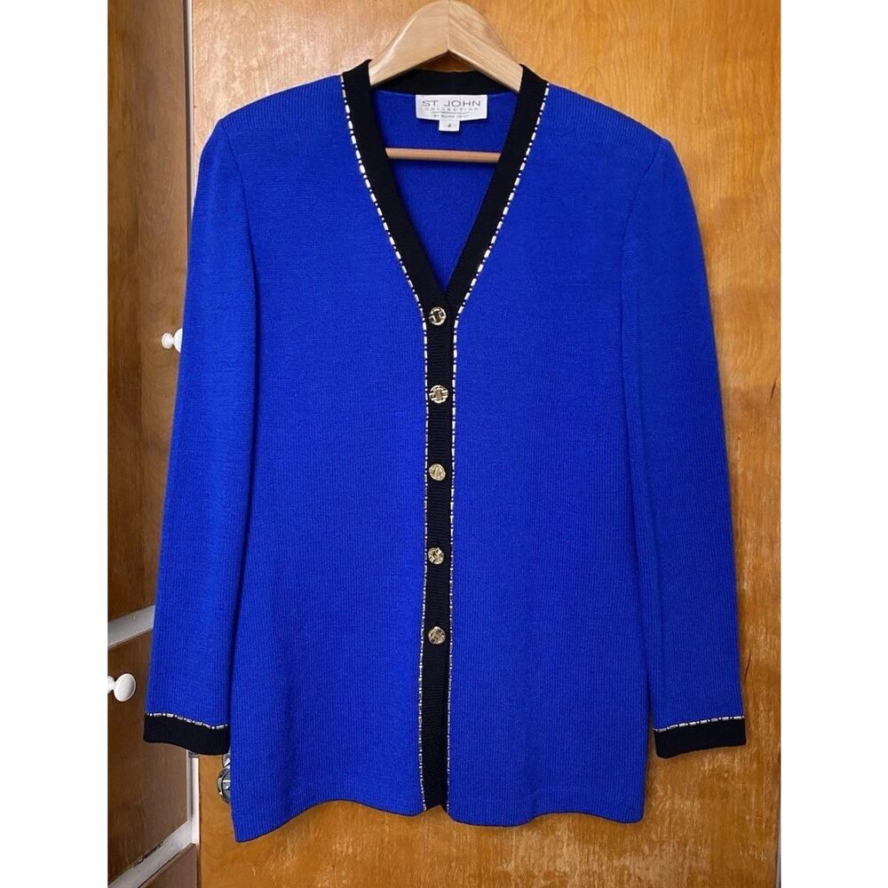 St John Collection Santana Knit Cardigan Jacket Blue Black Gold Studded Read 4
